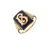 Late 19th/early 20th Century mourning ring having rectangular panel with inset 'B' against a black