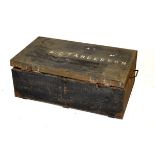 Early 20th Century metal trunk, the hinged cover painted 49442 A.C. Sanderson, between carry handles