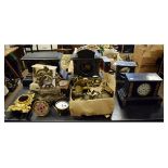 Large collection of clock parts and accessories, to include; French black slate mantel clock with