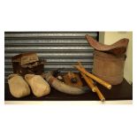 Assorted collectables to include; cuckoo clock, pair of wooden clogs, coopered butter churn,