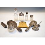 Assorted silver accessories to include; a rectangular trinket box with repousse scroll decoration,