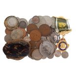 Coins - Small quantity of mixed coinage, tortoiseshell purse, Masonic gilt metal jewel etc