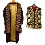 Large collection of Eastern costume to include; two gilt metal thread embellished waistcoats,