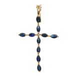 Cross pendant set central diamond and sapphire coloured stones, stamped 14k Condition: