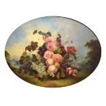 19th Century oval papier-mâché painted panel (formerly a tray) depicting still life of flowers and