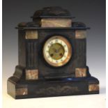 Late Victorian slate and marble mantel clock, the off-white chapter ring having Arabic numerals,