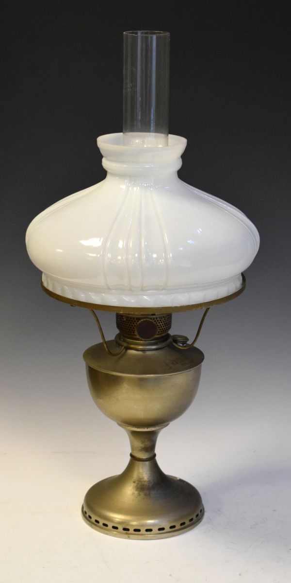 Early 20th Century silver plated paraffin lamp by Famos, with opaque white glass shade and single