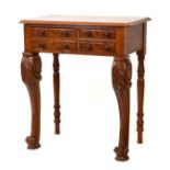 Victorian and later walnut side table having fall front and two drawers above two carved cabriole