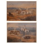 Pair of 19th Century hand coloured prints - Boar hunting in a landscape with palm trees, 11cm x 18.