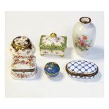 Three ceramic patch boxes with hinged covers and one other Dresden rectangular box and cover, an