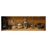 Group of assorted silver plated items to include; four egg cruet, muffin dish and cover, champagne