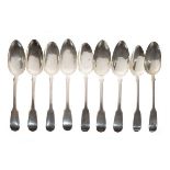 Assorted early to mid 19th Century silver dessert spoons, Fiddle pattern, various dates 1825-1845,