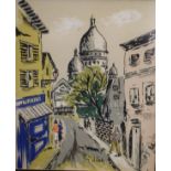 Mid 20th Century printed silk panel depicting Montmartre, signed J. Coch, 30cm x 25.5cm, framed