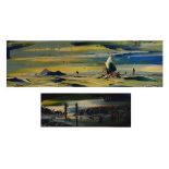 George. R. Deakins - Two oils on board - Tower Bridge at dusk, 14cm x 44.5cm and a expansive