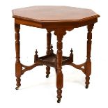 Late Victorian walnut octagonal centre table, raised on a ring turned support united by cross