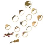 Quantity of gold and gold coloured metal dress rings, bar brooch etc Condition: