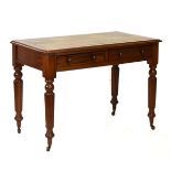 19th Century mahogany writing table having pale green inset tooled leather top, fitted two short