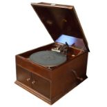 His Masters Voice (HMV) mahogany cased table top gramophone with crank handle, internal plaque of