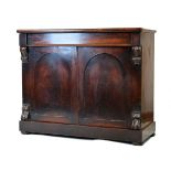 19th Century mahogany chiffonier fitted one frieze drawer above two arched blind panel doors, on