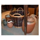 Two handled log basket, together with a selection of stoneware vessels including lidded jar, jugs