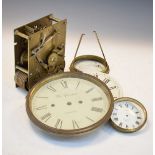 19th Century brass twin fusee clock movement, together with three enamel dials inscribed William