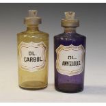 Two late 19th Century glass apothecary pouring bottles, one blue the other clear having printed text