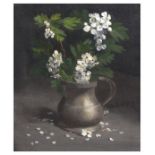 Godfrey - Oil on canvas - Still life of blossom in a pewter tankard, 24.5cm x 19.5cm, framed and