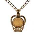 Gold Coins - Victorian half sovereign 1892, in a decorative crown design 9ct pendant mount, the curb