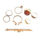 Three gold rings, bar brooch etc Condition: