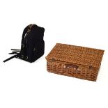 1960's/1970's period wicker picnic hamper by Optima enclosing ceramic mugs and plates plus stainless