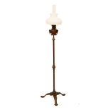 Early 20th Century copper standard lamp having an opaque white glass mushroom shade over copper