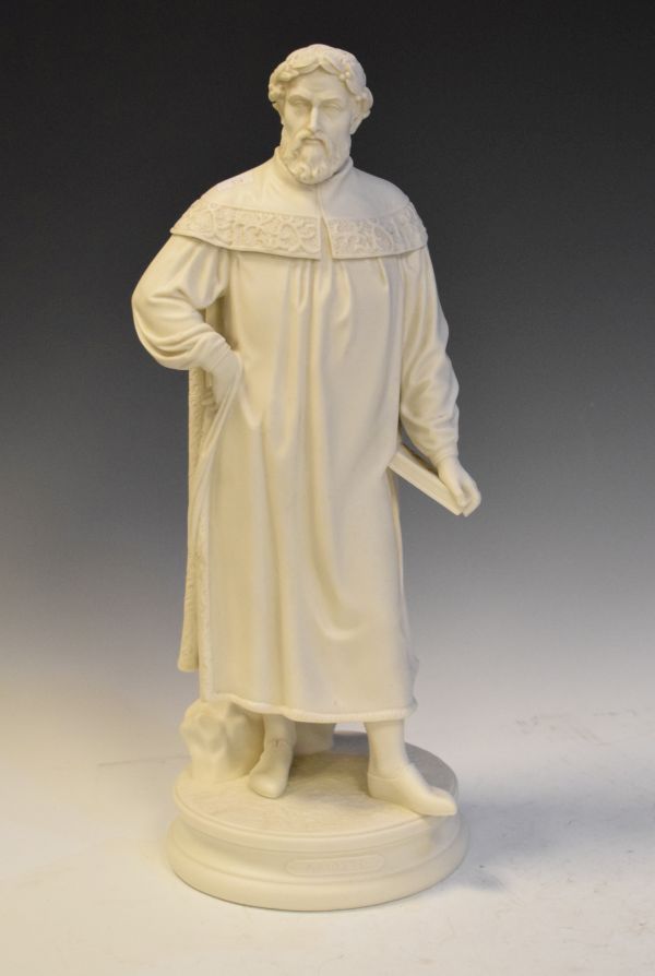 19th Century parian ware figure depicting Ariosto, standing and holding a book in his left hand, the