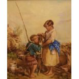 Two late 19th Century watercolours, one depicting children fishing in a rock pool, 28cm x 38.5cm,