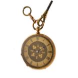 Engraved yellow metal cased key wind fob watch, the decorative gilt dial with Roman numerals, the