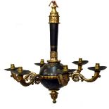 French Empire style six branch chandelier, the black painted stem and central ball ornament