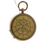 Engraved yellow metal cased key wind fob watch, the decorative gilt dial with Roman numerals, the