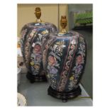 Pair of modern Chinese table lamp bases, each of ovoid form with floral decoration on a teal green