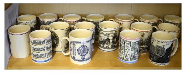 Seventeen various Wedgwood commemorative mugs to include; Battle of Trafalgar, Investiture of HRH