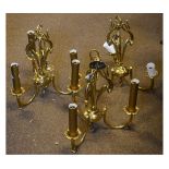 Set of three brass three branch ceiling light fittings or electroliers in the Art Nouveau style