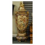 Large Oriental two handled vase, cover and stand, the body of hexagonal design with panels of exotic