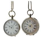 Two engraved white metal cased key wind fob watches, each having a decorative white enamel dial with