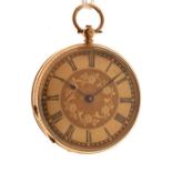 Engraved yellow metal key wind fob watch, the decorative gilt dial with Roman numerals, the case