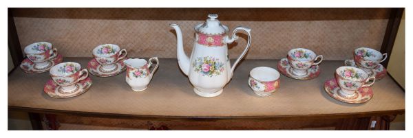 Royal Albert six person coffee service decorated with the Lady Carlyle pattern Condition: