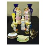 Small selection of assorted ceramics and glass to include; a pair of Bristol Blue glass baluster