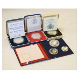 Coins - Three modern silver proof commemorative crowns and a USA bi-centennial silver proof three