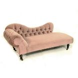 Late Victorian chaise long, later deep buttoned in pale brown plush fabric, on turned tapering