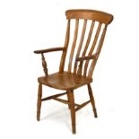 20th Century elm and fruitwood lath-back kitchen chair with open arms on single turned support, four