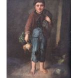 19th Century Dutch School - Oil on metal panel - Full length study of a boy, a sack over his