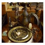 Assorted Eastern items to include; Large floor standing brass hookah pipe approximately 162cm