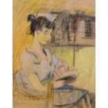 Frith Millward - Pastel and charcoal study - Portrait of a lady reading, unsigned, 48cm x 36.5cm,